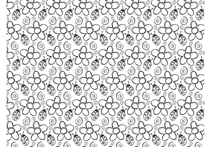 Textiles sketch seamless repeating plants pattern nature motif lady bug insects flowers floral drawing blossoms 