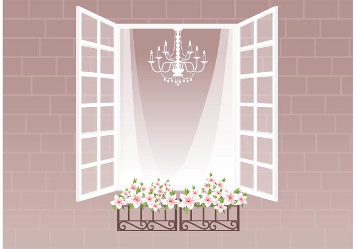 window curtain window white wall vintage vector stonework stone simple retro planters pink open old flower decorative decor curtain crystal chandelier brick architecture architectural 