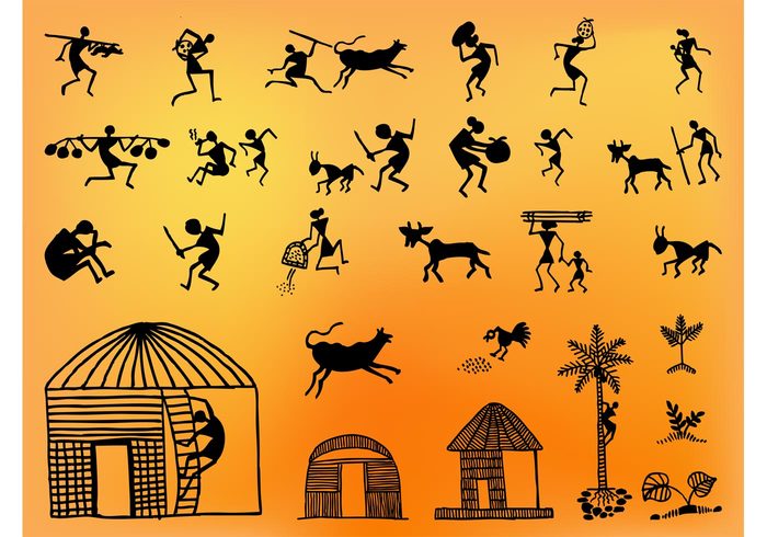 work woman tree Simple illustration plant person people man kid hut house goat farm animal cow chicken Cave painting 