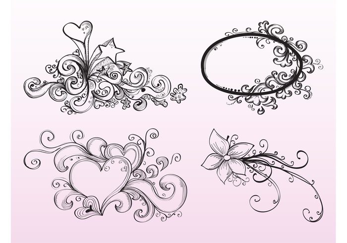 swirls spirals scrolls romantic ornaments nature love hearts heart hand drawn flowers floral Ellipses drawings dots decorative decorations 