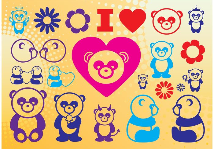 Panda vector Panda bears kids hearts flowers devil Cute illustrations crown comics children cartoon animals 