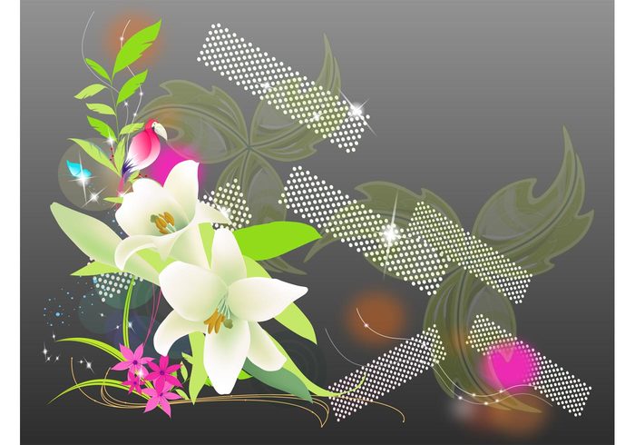 Stems sparkles plants petals parrot nature lily leaves flowers floral flora fauna dots blossom bird animal 