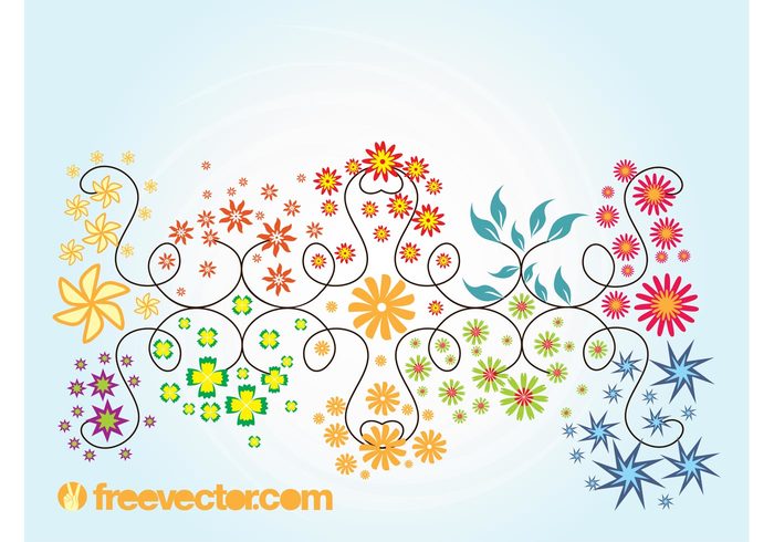 Stems plants petals nature leaves insects Flowers vector floral decoration blossoms bloom animals 