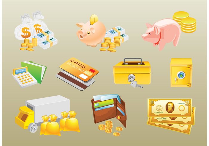 stock sign set pork piggy bank pig money icons finance euro dollar coins check change cash card calculator business bill banking bank 
