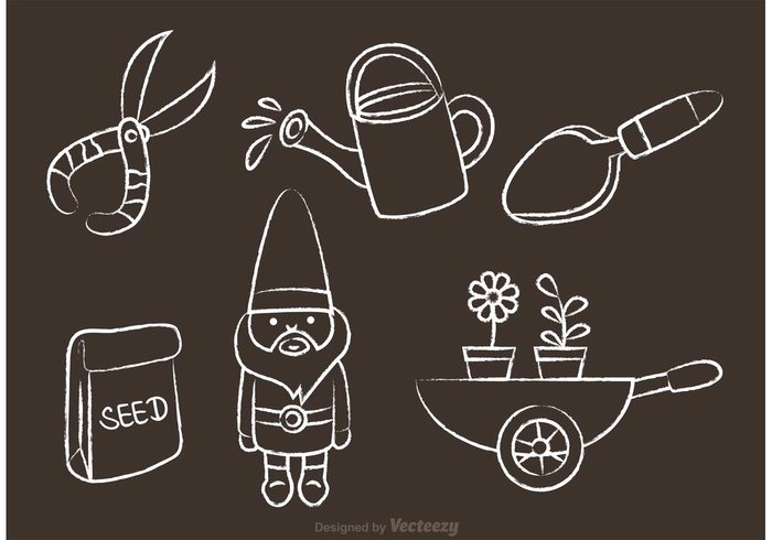 watering can shovel seeds seed packet seed scissor plant harvest gnomes gnome character gnome cartoon gnome gardening garden seed garden icon garden flower environment draw chalk drawn garden chalk drawn chalk 