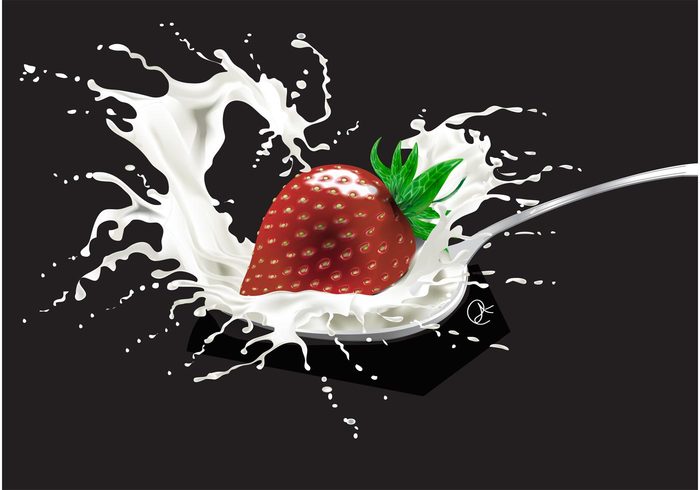 Yoghurt sweet Strawberry vector spoon splash shiny metal liquid fruit food eat drops drips dessert cooking 