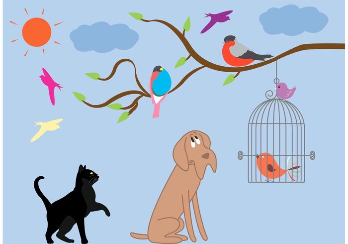 vintage bird cage vintage tree sunshine silhouette ornament nature hanging dog cat card Canary cage branch birds bird cage bird animals animal scene 