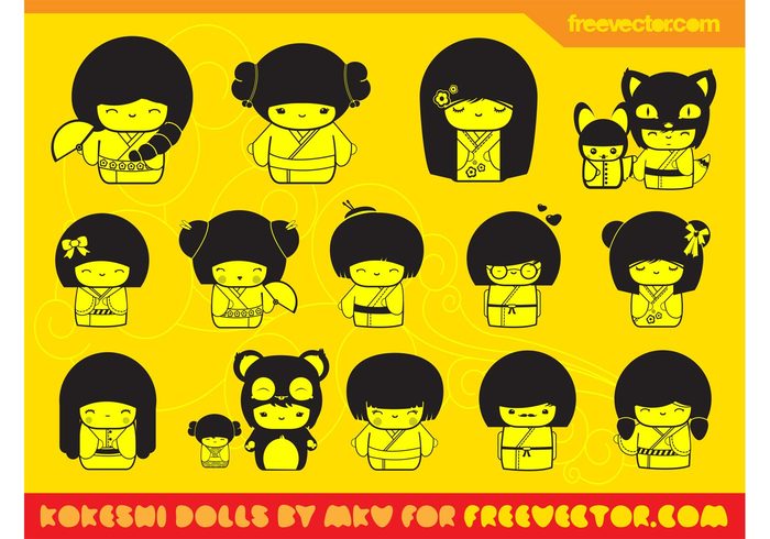 Smile mascots kokeshi kawaii Japanese japan happy girls dolls cute characters animals 