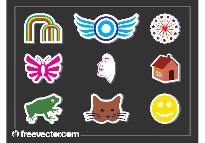 woman wings stickers sticker smiley face Smile rainbow pet lines house home frog face emoticon dots circles cat butterfly 