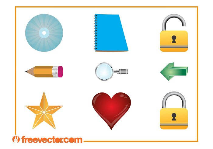 stationery star pencil padlock notebook music magnifying glass love logos lock icons heart CD 3d 