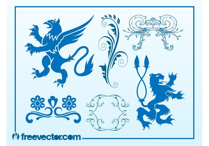 swirls silhouettes mythology Mythological creatures lion heraldry heraldic griffin flowers decorations animals 