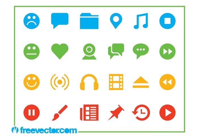 Web camera technology tech symbols stop Smile play pause music media Location tag icons icon heart happy film emoticons buttons 
