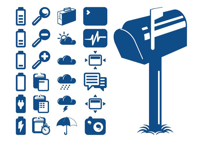 zoom weather technology tech symbols speech bubbles search messages mailbox mail icons icon clouds clipboard battery batteries 