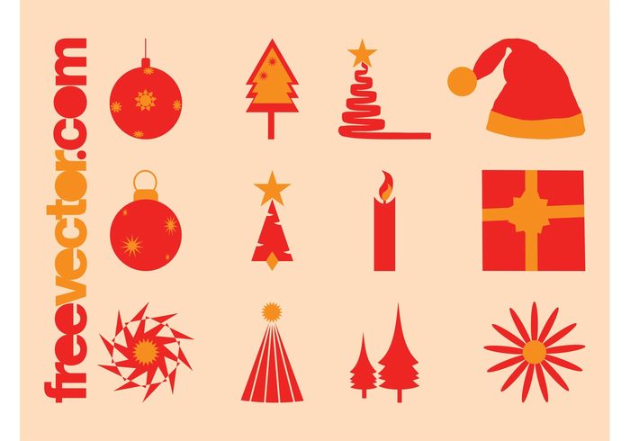 trees symbols present ornaments logos icons holiday hat festive decorations christmas celebration candle balls 