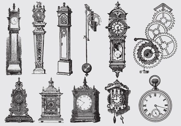 white vintage victorian vector time style stopwatch set retro process pictorial pendulum old fashioned old official number museum monogram minute lifetime isolated interior instrument illustration Illustrated household history historical historic hanging graphic etching equipment engraving engraved drawing clock parts clock black baroque background artwork antiquity antique aging accessories 