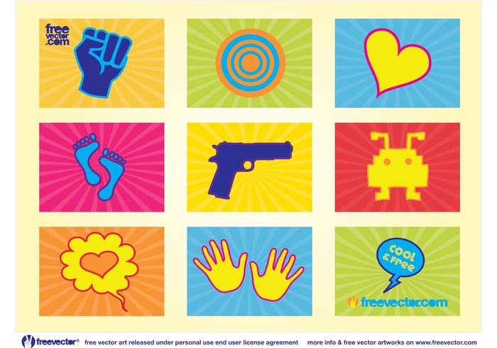 Violence vector pack symbols sticker speech signs radiant power love hearts gun dingbats color clipart balloon badge 