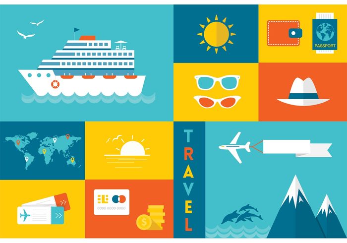 wave voucher vacation trip trend travel tourism ticket symbol Sun hat Sun glasses sun style sign ship set sea poster passport ocean mountain modern map location Liner icon holiday gulls flying flat dollar design cruise liner cruise credit card collection airplane  