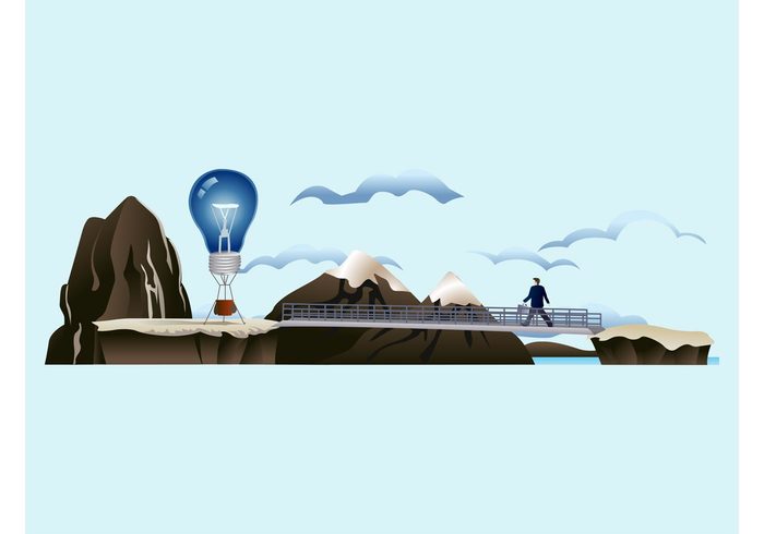 suit sky mountains man light bulb inspirational concept clouds businessman business briefcase Bridge 