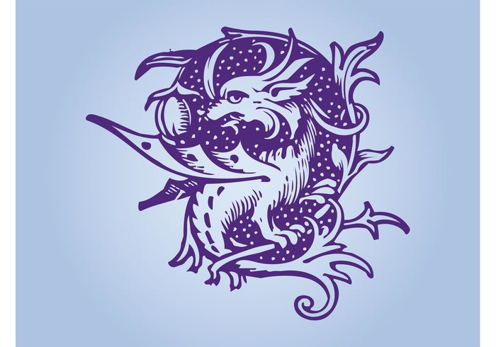 vintage vector dragon tattoo plants mythology Mythological creature monster leaves head fantasy fairytales dragon vector dragon beast animal 