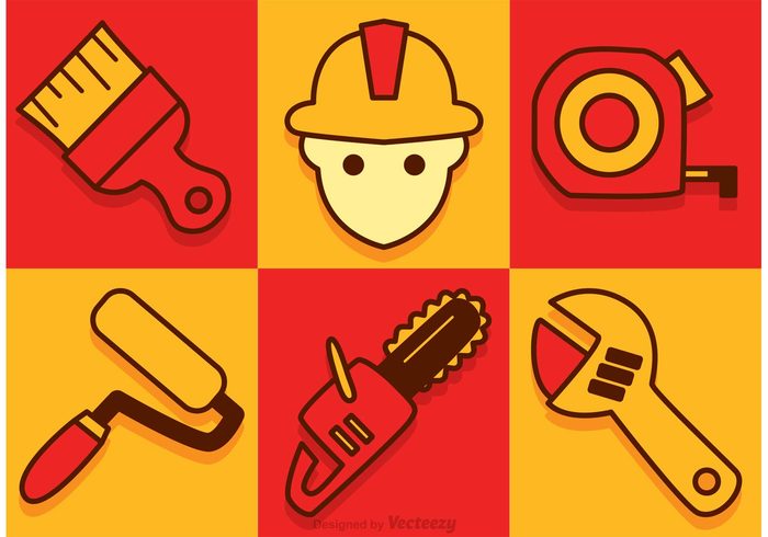 wrench work tool red painters roll paint roller orange measure man industrial helmet equipment construction icon construction chainsaw icon cahinsaw building builder Build 