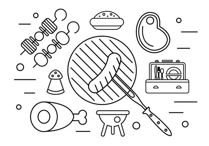 White Background thin line summer style steak Skewers set sausage salt and pepper picnic toolbox picnic Outdoor Mustard meat ketchup hamburger grill food family picnic design chicken drumstick black outline beer bbq barbecue 