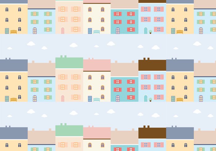 wallpaper townhome town seamless pattern pastel ornamental houses decorative decoration deco clouds city buildings background  