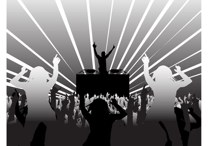 silhouettes silhouette rays poster people music flyer DJ disco dancing dance crowd club background 