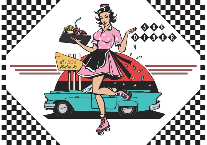 woman waitressing Waitresses skates Servers rollerskates roller retro restaurant pretty hamburgers girls fries Foods fifties drive-ins drinks dinners dining diners customer cola americana advertising 50s diner 50's 1950 
