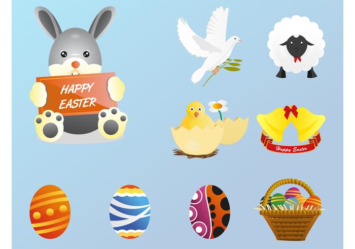 text spring sheep ribbon rabbit pigeon holiday greetings greeting card eggs dove chicken celebration bunny bells basket animals 