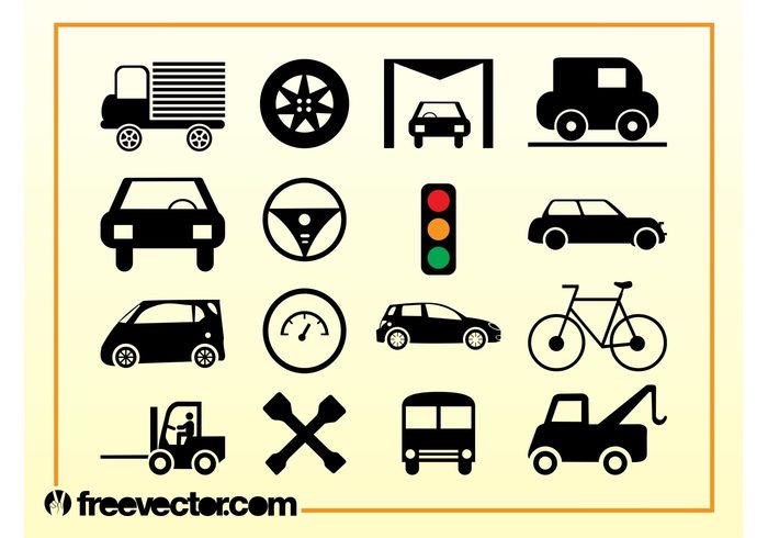 trucks transportation transport tools tire symbols Steering wheel speedometer logos icons cars bike bicycle Automobiles auto 