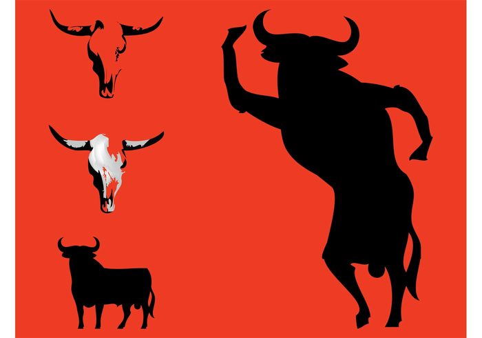 wild west tail skull silhouettes rodeo Livestock legs horns head funny ears dancing dance Corrida bulls animals 