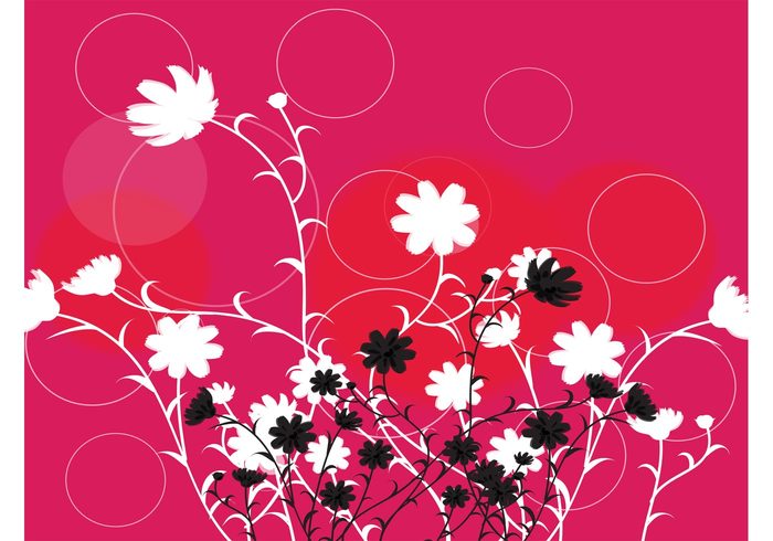 silhouette shapes red plants pink petals nature leaves grow flowers floral decoration circles bubbles blossoms 