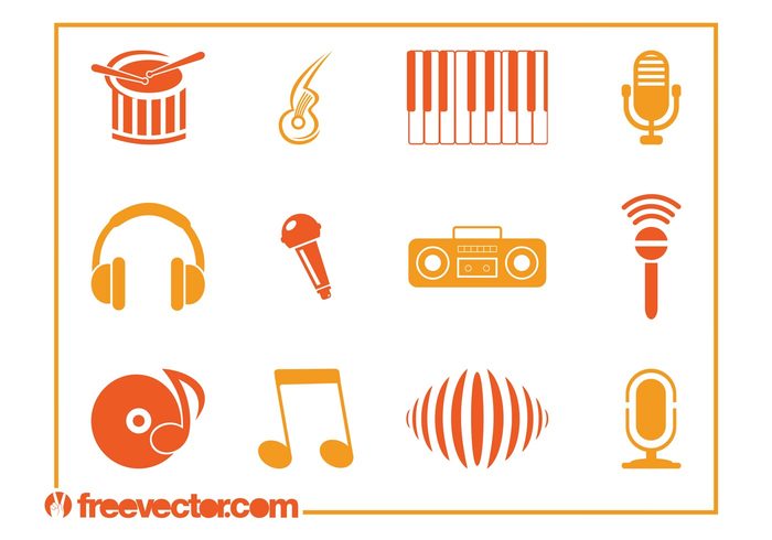 symbols piano notes musical music Mics microphones logos keys icons headphones Drumsticks drum boombox 