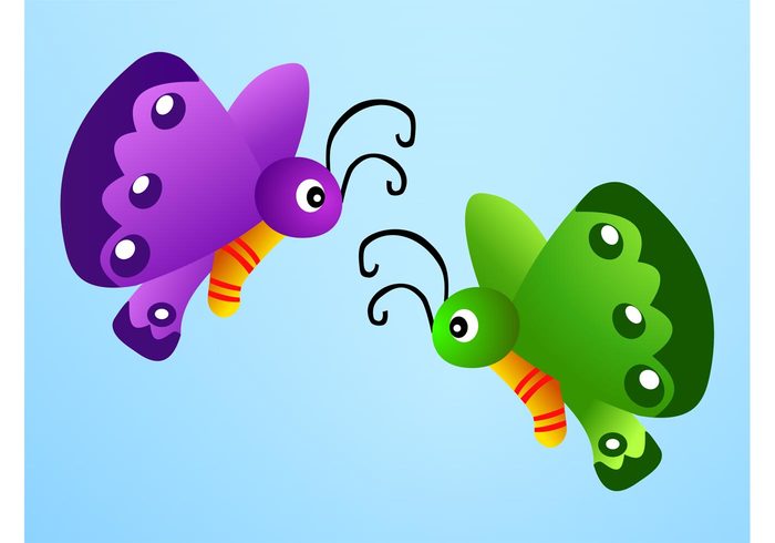 wings spring nature mascots insects dots comic colorful characters butterfly antennas animals 