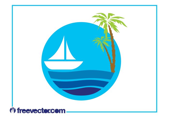 waves water vacation seaside sea sailing sail round palms palm trees ocean logo template logo icon holiday circle boat  