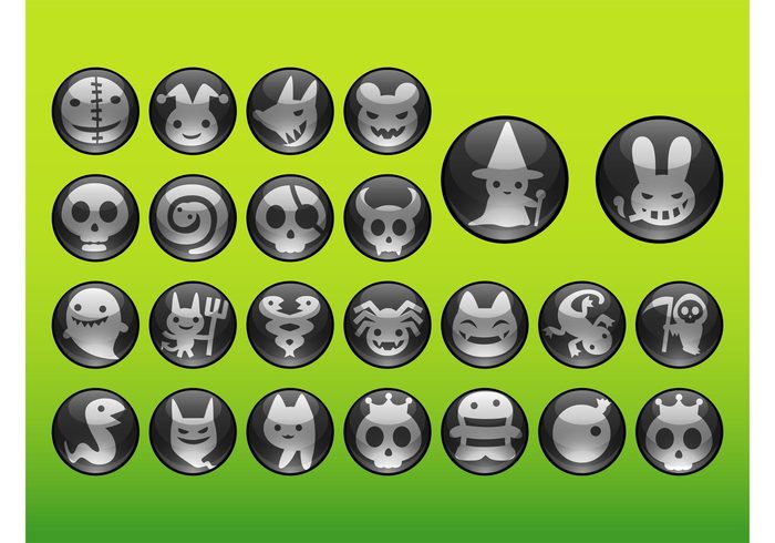 spider Snakes skulls shiny scary rabbits monsters icons horror glossy Ghouls ghosts cute characters cat Cartoons animals 