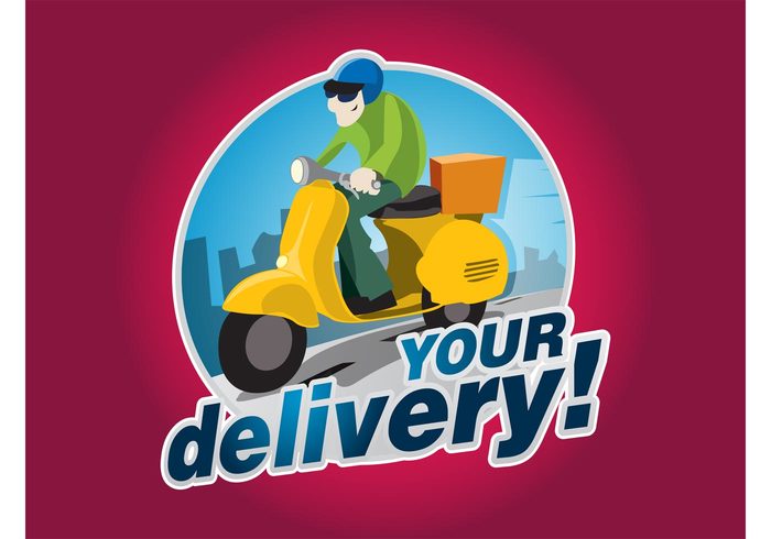 type transport text Smile shipping Sending scooter round pizza package logo happy Food delivery fast food fast drive city circle box 