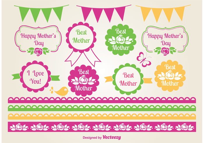 vintage vector symbol sweet style sticker set roses rose pink mothers day elements Mother's day mother illustration icon happy mothers day flower element Design Elements design day cute collection celebration best mother badges 