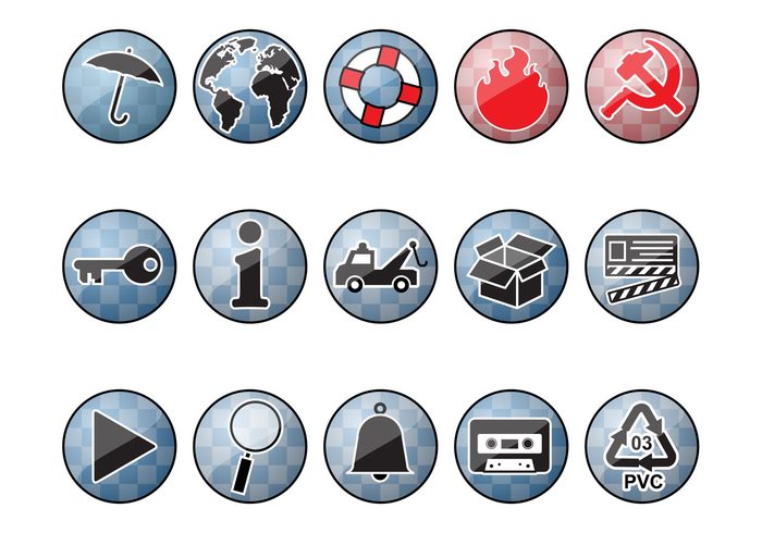 world umbrella truck symbols shiny search round Pvc play button Mixtape map Live preserver key information icons hammer and sickle glossy flames fire Clapperboard circles cassette box bell badges alarm 