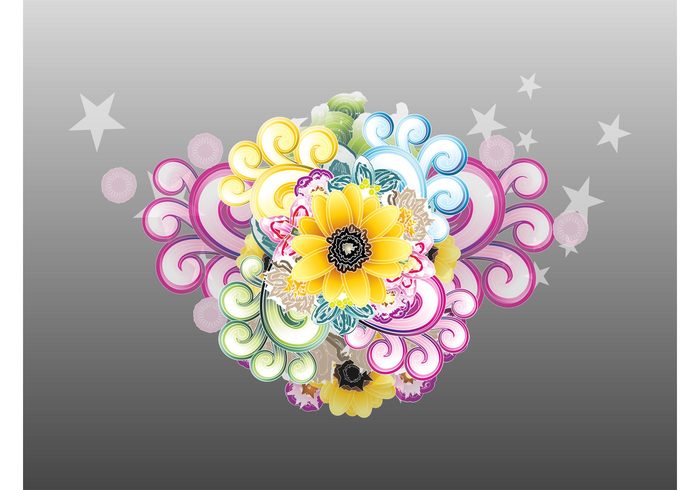 vector flowers swirls swirling sunflower spring shapes plants petals nature lines icons Flowers vector floral decorative curved bloom 