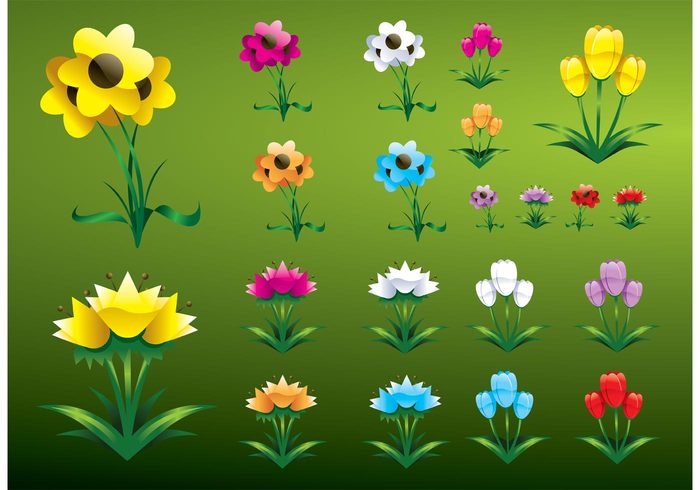 Vector set summer spring silhouette shiny plant nature glossy friendly fresh flower floral Design pack colorful colored botany blossom bloom 3d 