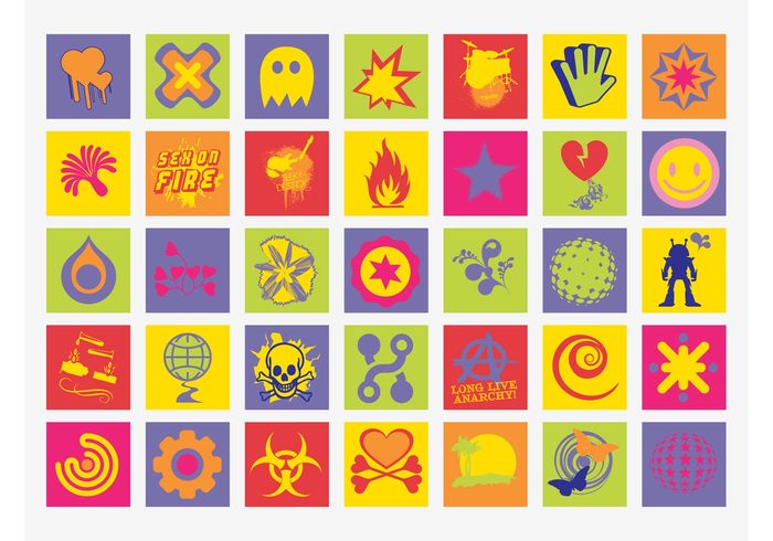 symbols stickers squares music logos icons hearts flowers colorful badges abstract 
