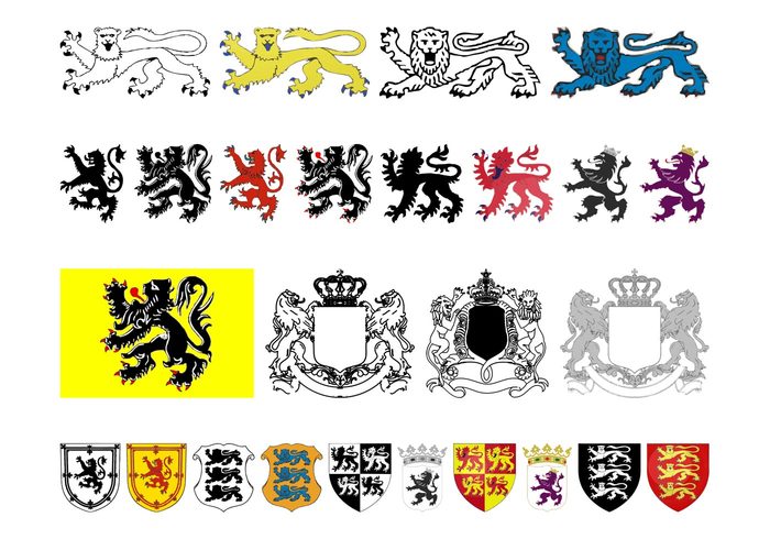 vintage shields royal ribbons queen lions king heraldry heraldic flag Coats of arms Blazons animals 