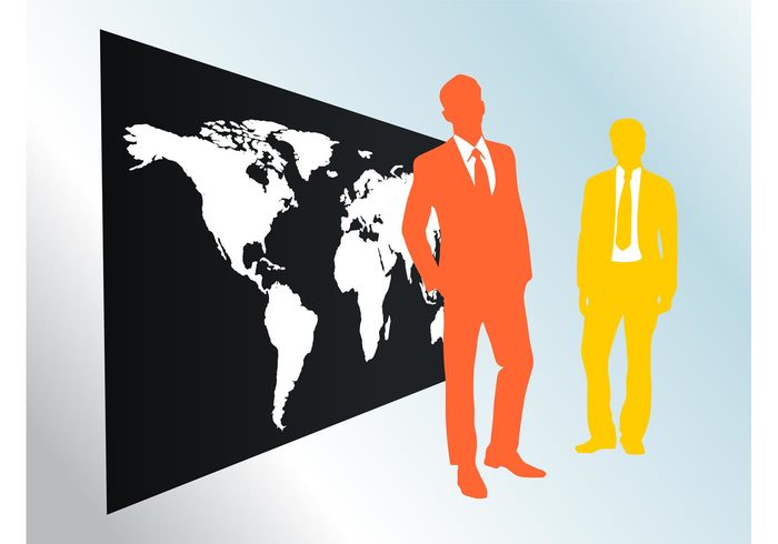 world working work ties suits silhouettes people map global continents Company corporation Career businessmen business 