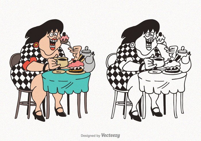 women woman eating woman vector unhealthy food unhealthy eating Unhealthy Tasty sweets person people meal lunch isolated hungry food female fat women fat eating eat drawn coloring book coloring color character cartoon cake background 