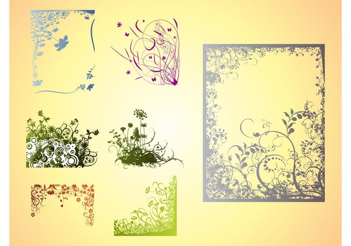 Stems spring plants petals nature leaves greeting card flower frames floral decorative decorations corners borders background 