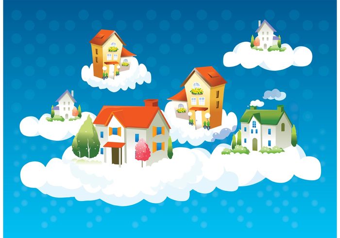 village Utopia trees town Speculation sky roof real estate Property plants perfect investment Ideal houses high finance dream door clouds blue  