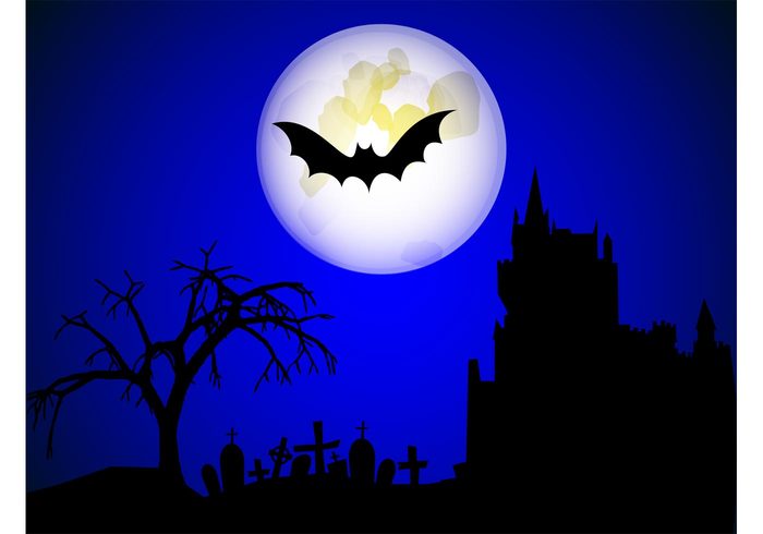 tree Tombs scary night moon Greeting card holiday graveyard Fortress crosses cemetery bat animal 