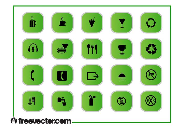water symbols square shower recycle phone icons icon ice cream Hairdresser food drink cutlery cup coffee buttons  