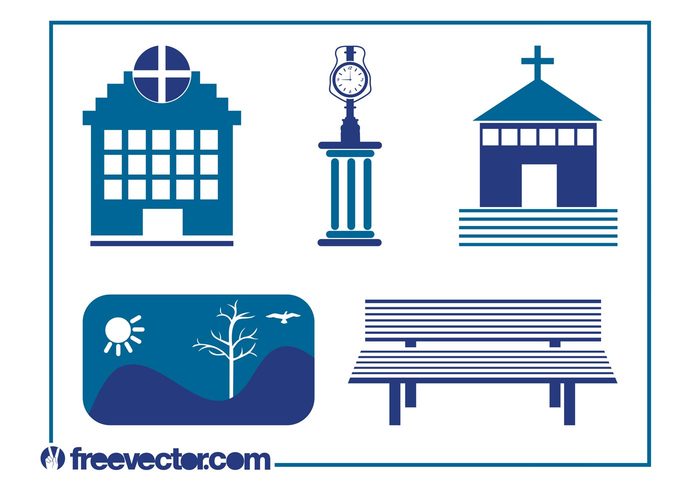 urban tree symbols stylized park icons hospital hill cross Clock tower city church buildings bench 